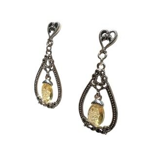 Elegant Silver Tone Yellow Faux Crystal Teardrop Rhinestone Earrings Drop Dangle